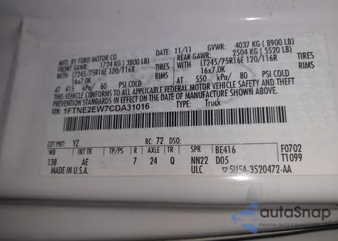 2012 Ford E-250 Commercial from USA, damaged, VIN 1FTNE2EW7CDA31016